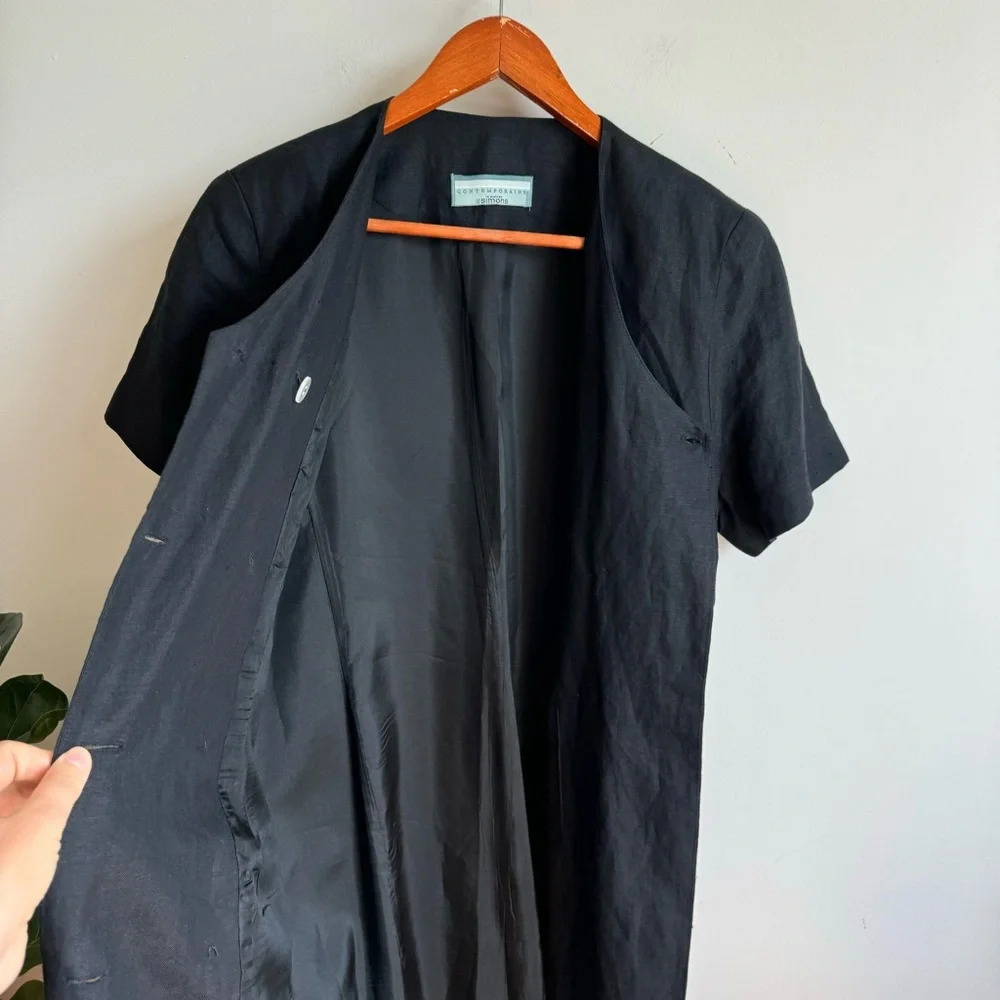 Simons Vintage Contemoraine Black Midi 100% Linen Dress Size 12 Double Buttons - Picture 8 of 11